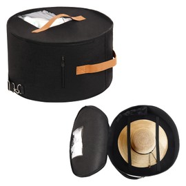Pehciroe Modern Black Round Hat Box Storage, Portable Felt Travel Hat Boxes with Translucent Dustproof Lid and Shoulder Strap, 16.9" x 8.3" x 8.3"