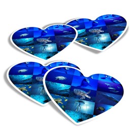Vinyl Heart Stickers (Set of 4) - Marine Life Collage Ocean Dive Diver Fun Decals for Laptops,Tablets,Luggage,Scrap Booking,Fridges #8936