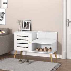 VECELO Shoe Bench with Storage for Entryway, Removable Padded Cushion, Lourvered Door, Adjustable Shelf, 31.5''L X 13''W X 19''H, White