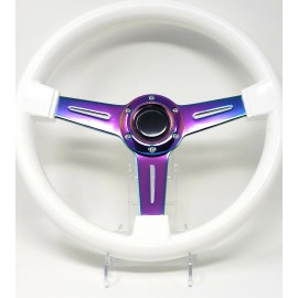 New World Motoring 14" Wood White Grain Steering Wheel 6 Bolts 1.75" Depth Neo Chrome Spoke Horn