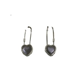 Betsey Johnson Hematite Tone Purple Crystal Heart Safety Pin Drop Earrings