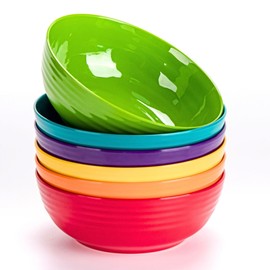 MIYOPESI 7-Inch Multicolor Melamine Bowls (Set of 6) - Unbreakable and Reusable Plastic Dinnerware with Ceramic Feel, Stackable and Dishwasher-Safe - Versatile for All Meals-Multi-color