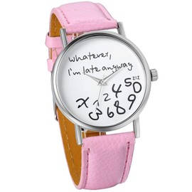 LsvtrUS Unisex Female Women Ladies Girls Whatever, I'm Late Anyway Love Gift Leather Strap Watches Quartz Wrist Watch (Pink)