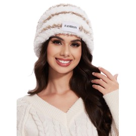 Vislivin Warm Hat for Women Winter Fleece Beanie Hat Cable Knit Soft Cap White-Khaki Stripe