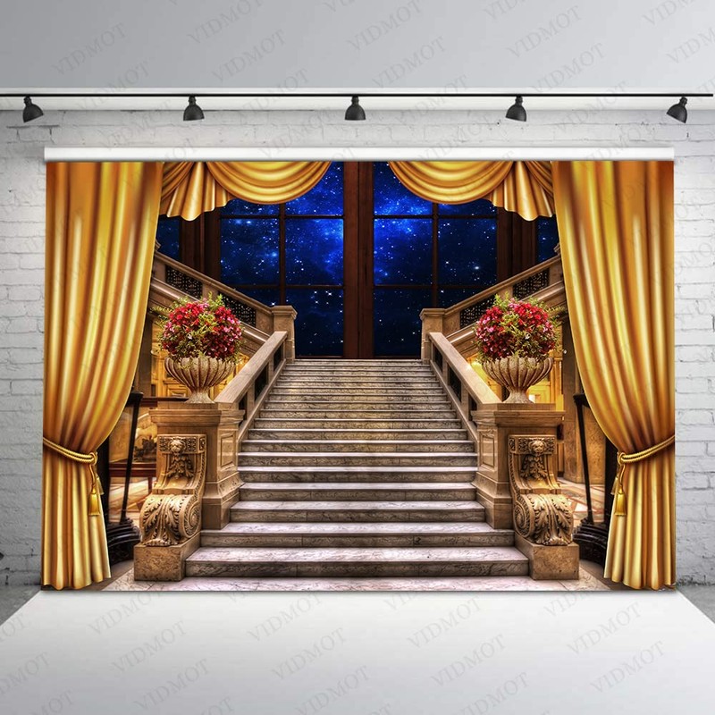 VIDMOT Old Castle Stairs Background for Party Decoration 7x5ft Golden