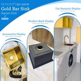 Gold Bar Prep Mini Trumpet Kitchen Essential 17.7 Inch Square Stainless Steel RV Utility Sink with Golden Drain Strainer Stopper, Single Bowl Undermount or Drop-In
