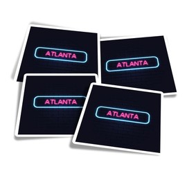 Vinyl Square Stickers (Set of 4) 10cm - Neon Sign Design Atlanta City Georgia United States for Laptops, Tablets, Luggage, Scrap Booking, Fridges #350370