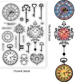 CRASPIRE Key Clear Stamps for Card Making Decoration Scrapbooking Supplies, Clock Clear Stamps Pocket Watches Transparent Rubber Stamps for Paper Card Photo Album Crafting Decoration