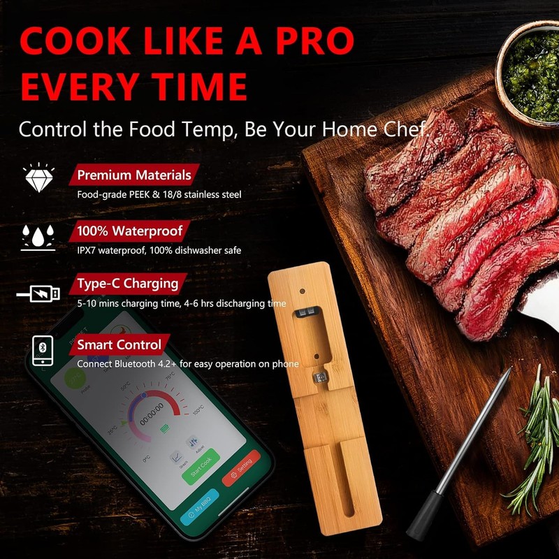 Wireless Meat Thermometer, Smart Bluetooth Meat Thermometer with 165ft Wireless