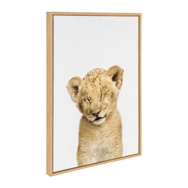 Kate and Laurel Sylvie Animal Studio Sleepy Lion Framed Canvas Wall Art by Amy Peterson Art Studio; 23x33 Natural; Whimsical Fun Animal Nursery Art for Wall