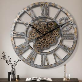 Lafocuse 23 Inch Real Moving Gear Wall Clock Farmhouse, Steampunk Wooden Large Wall Clock for Living Room Decor