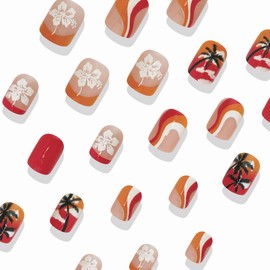 BABALAL Beach Press on Nails Short Square Fake Nails Orange Red Summer Glue on Nails Coconut Palm Acrylic Nails French Tip False Nails 24Pcs Squoval Glossy Vacation Stick on Nails for Women Girls