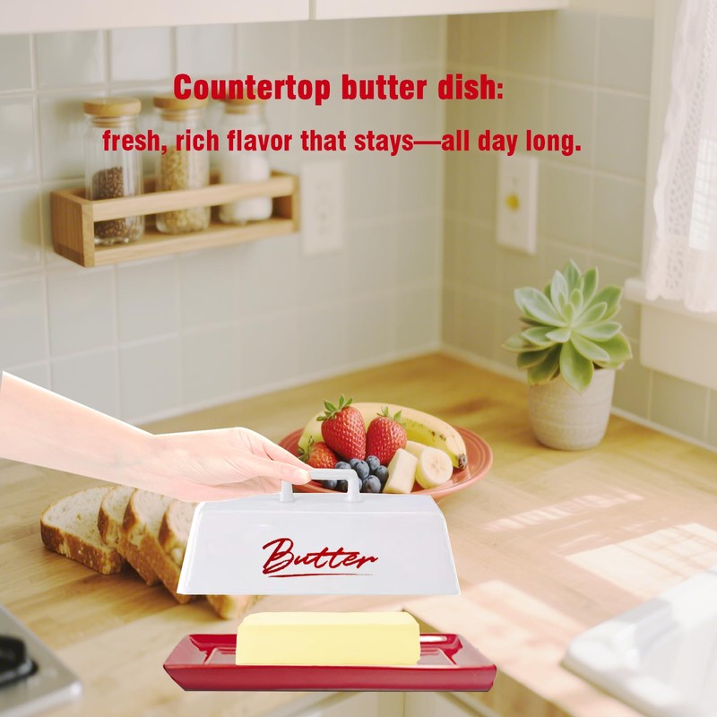 Ceramic Butter Dish with Lid, Red Butter Dish with Lid