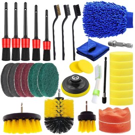 ikaufen Car Detailing Kit, 33Pcs Car Detailing Brush Set, Car Cleaning Kit, Drill Brush Set, Car Detailing Brushes, Tire Brush - Car Wash Kit, Car Cleaning Tools brushes for Interior, Exterior, Wheels