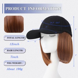 FORCUTEU Hat Wigs for Women Baseball Cap with Hair Extensions Short Straight Bob Hairstyle Caps with Hair Attached Adjustable Baseball Cap Wig for Daily Party(12inch)