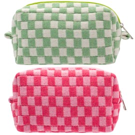 PAZIMIIK Checkered Makeup Bag for Purse Portable Zipper Make Up Pouch Small Cosmetic Case for Travel Accessories (2PCS Hotpink Light Green)