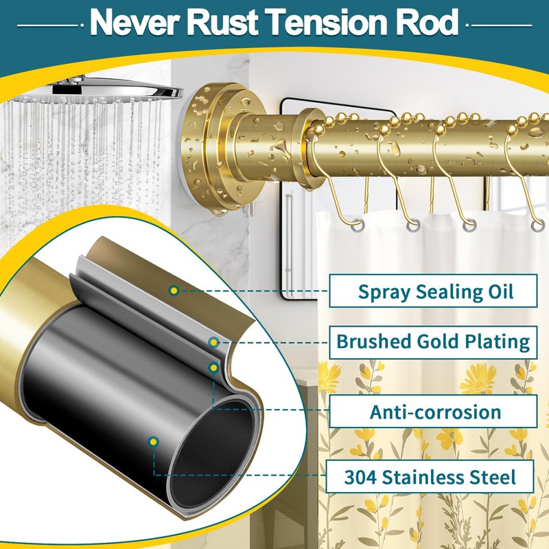 ZYRW Gold Shower Curtain Rod 36-68 Inch(3-5.6ft) Never Rust No