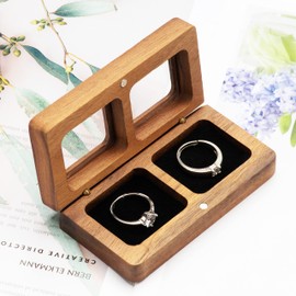 COSISO Rectangle Vintage Double Wooden Ring Box for wedding ceremony 2 rings,Small Rustic Keepsake Wedding Ring Holder Decorative Box
