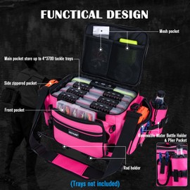 Goture Fishing Tackle Bag, Store Up to 4PCS 3700 Tackle Box Trays, 600D Soft Side Water-Resistant Saltwater Gear Storage Fishing Bag with Rod Straps, Detachable Water Bottle Pouch, SBS Zippers