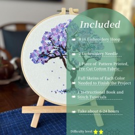 FONNUY Crewel Embroidery Kit for Beginners, Seasonal Tree Pre-Stamped Pattern Kits for Adults with Hoop, Easy to Follow Color Thread Needlework, 8'' (Purple)