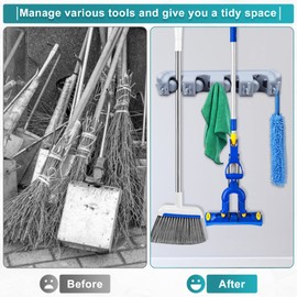 Adhafera Broom Holder Wall Mounted, Mop Holder Tidy Organizer, Mop and Broom Holder, Utility Room Storage Solutions, Brush Holder with 3 Positions and 4 Hooks, for Garage Garden Kitchen Tools Storage