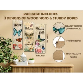 Inspirational Wall Decor Sign, 3 Pieces Vintage Butterfly Wooden Sign With Rope, Hope Believe In Yourself Never Fail Wall Art Decor For Home Office Living Room, Artwork Gifts For Family Friend -36