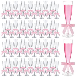 Reallnaive 60 Sets Champagne Flutes with Satin Ribbon Pink Bows 5 oz Plastic Disposable Wine Glasses Reusable Champagne Glass for Wedding Anniversary Toasting Birthday Engagement Party