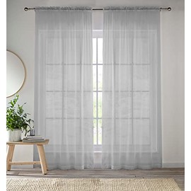 Enhanced Living Silver Voile Curtains for Living Room Panel Pair - 57 Wide x 48 Drop - Plain Woven Slot Top Sheer Curtains (57"x48") 145x122cm