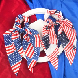 2PCS American Flag Hair Scrunchies for Woman Girls Patriotic 4th of July Hair Tie Red White and Blue Ribbon Elastic Head Band Independence Day Memorial Day Party Supplies Hair Accessories