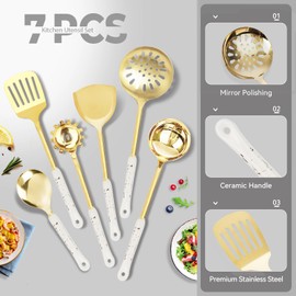 Stainless Steel Cooking Utensils Set, 7 Pcs Kitchen Utensils with Hanging Shelf, Gold/Brass Cookware Utensils with Ceramic Handle, Heat Resistant Kitchenware Sets for Kitchen Home Restaurant (White)