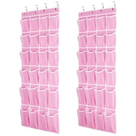 SAVERHO Hanging Shoe Organizer, Over The Door Shoe Organizer with 24 Breathable Mesh Pockets for Men Women Kids Hanging Shoe Storage Rack Organizer Size:58x21 Inch（Pink）