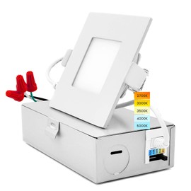 LUXRITE 3 Inch Square Ultra Thin LED Recessed Light with Junction Box, 8W, CCT Color Selectable 2700K | 3000K | 3500K | 4000K | 5000K, Dimmable Wafer Light, 540 Lumens, Energy Star, IC Rated