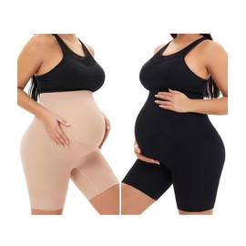 QEAUTY LAB - Ropa interior para embarazo, cintura alta, media muslo, para prevenir el desgaste, Negro + piel, M