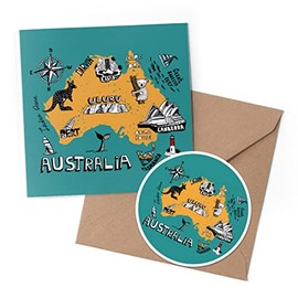1 x Greeting Card & 10 cm Round Sticker Set - Map Australia Travel Attractions - Birthday Thank You Friend Lover Fan Mum Dad Kids #61050