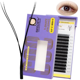 SEEDEW YY Lash Extensions, 0.07mm C Curl MIX8-15mm 12 Rows/Tray, Y Shape Long Flat Stem, Korean PBT Soft Natural Eyelashes Grafting for Beginner/Tech Artist, Beauty Salon(Matte Black-0.07-C-MIX8-15mm)