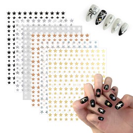 6 Sheets Star Nail Stickers, 3D Glitter Shiny Gold Silver White Black Geometry Decals, Nail Art Sticker, Tiny Star Stickers for Women DIY Manicure Nail Art Decoration Supplies