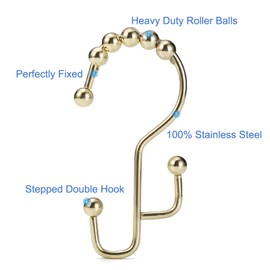 Shower Curtain Rings, SUTINE Shower Curtain Hooks, Stainless Steel Gold Shower Curtain Hooks Rust Proof, Easy Sliding Double Shower Hooks for Shower Curtains, Curtain & Liners, 12pcs-Gold