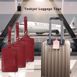 Teskyer Luggage Tag Luggage Labels with Name and Address Polyurethane Leather Leather Luggage Tags Pack of 3 Luggage Tags to Protect Privacy, dark red