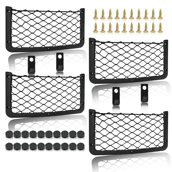 4 Piece Universal Multifunctional Storage Car Net Pocket with Hook and Screws Quality Elastic Mesh Seat Back Organizers with Plastic Frame for Car Caravan Motorhome Boat (36cm*18cm)