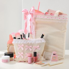 Kacctyen 2 Pcs Pink Bows Canvas Bags Coquette Pink Tote Bag Preppy Makeup Pouch Set Cute Aesthetic Bow Coquette Stuff Reusable Zipper Pouch Gifts for Women