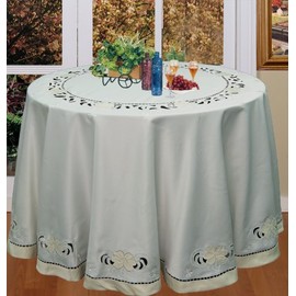 Creative Linens Embroidered Floral Cutwork Applique Tablecloth 88" Round Ivory Holiday