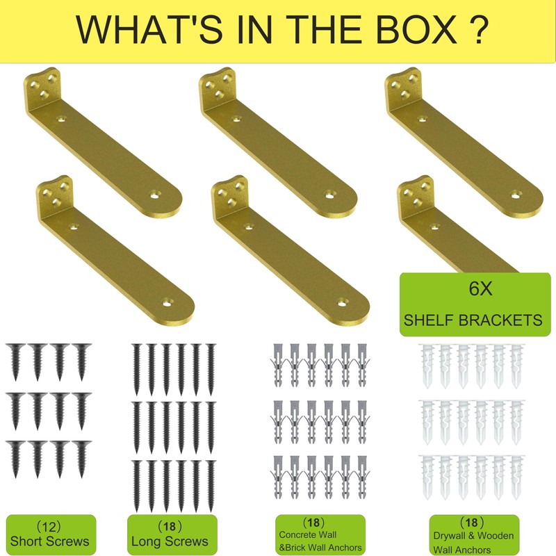 Neevolve Floating Shelf Bracket, 6 Inch 6PACK Gold Heavy Duty