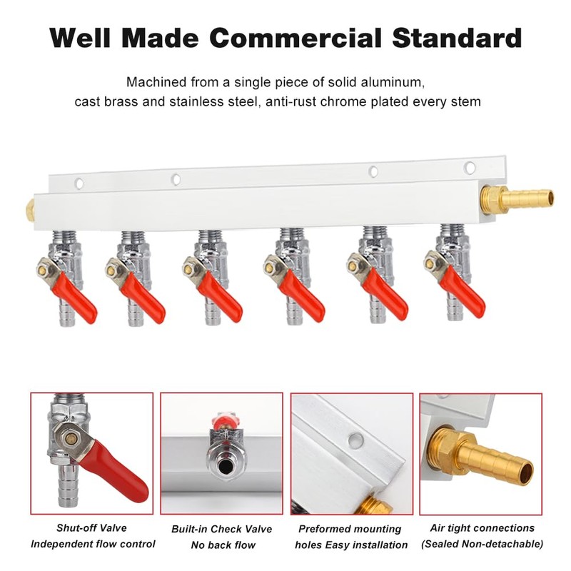 Ferroday 6 Way CO2 Gas Manifold, CO2 Gas Distributor, 5/16"