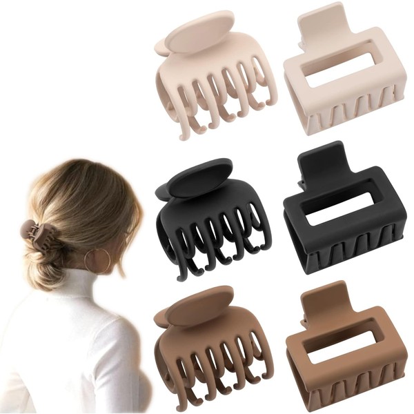 Kireida® Pack of 6 Small Square Claw Hair Clips for Women, Double Row Braces for Thin/Medium Fine Hair, Non-Slip Claws, Solid Hair (Beige, Brown, Black)