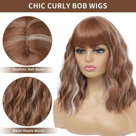 meiliprotea Short Strawberry Blonde Bob Wig with Bangs 14 Inch Shoulder Length Wavy Blonde Wig with Bangs Wear and Go Bob Curly Synthetic Wigs for Women Daily Party Cosplay Use(HL Blonde)