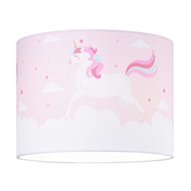 Beautiful Soft Pink and White Cotton Fabric Lampshade with Dancing Colourful Unicorns and Clouds Decoration | 25cm Diameter | Features Inner White Cotton Fabric Lining by Happy Homewares