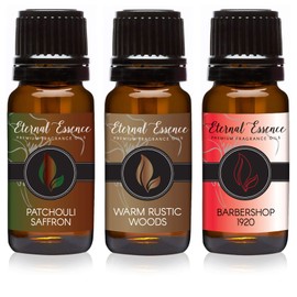 Eternal Essence Oils 2 Pack 10ml Premium Fragrance Oil - Patchouli Saffron, Barbershop 1920 & Warm Rustic Woods - for Candle, Soap Making, Aromatherapy, Diffusers, Home Care, & Humidifiers