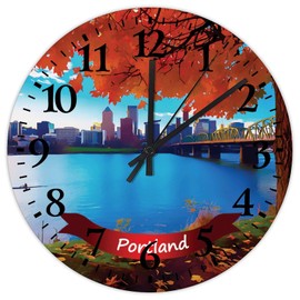 Wood Wall Clocks Silent Non-Ticking Large Numbers Battery Operated Portland City Landscape Contemporary State Famous Architecture Wood Clocks Frameless Wall Decor for Nursery School Pool 10 Inch