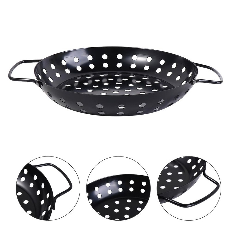 Round Grill Wok with Handle,Carbon Steel Grill Pan With Holes,Non-Stick