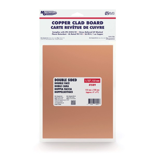 MG Chemicals Copper Clad Board, Double Sided, 9" x 6", 1 oz Copper, 1/32" Thick, FR4